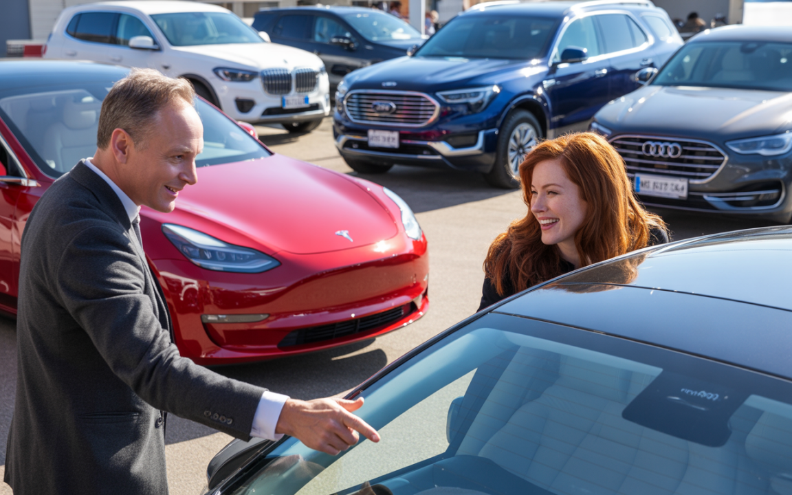 Deux personnes souriantes discutent autour d'une voiture noire, avec plusieurs voitures modernes en arrière-plan, dont une Tesla rouge.