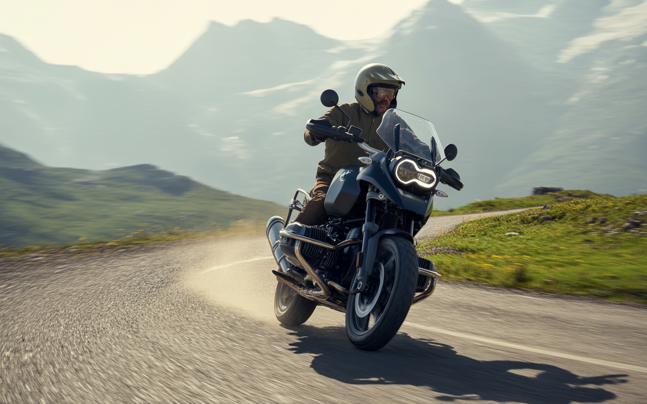 Un motard conduit une moto sur une route sinueuse, avec des montagnes en arrière-plan et de la poussière soulevée.