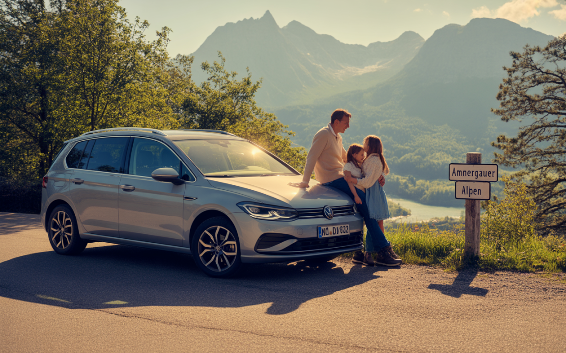 Une famille profite d'une vue montagneuse, adossée à une voiture grise, près d'un panneau indiquant "Ammergauer Alpen".