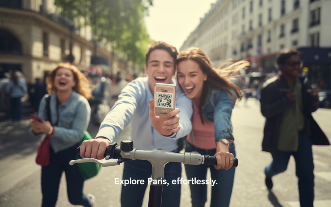 Deux jeunes sur un trottinette montrent un téléphone avec un QR code, souriant, tandis qu'une femme riant les accompagne. Paris en arrière-plan.