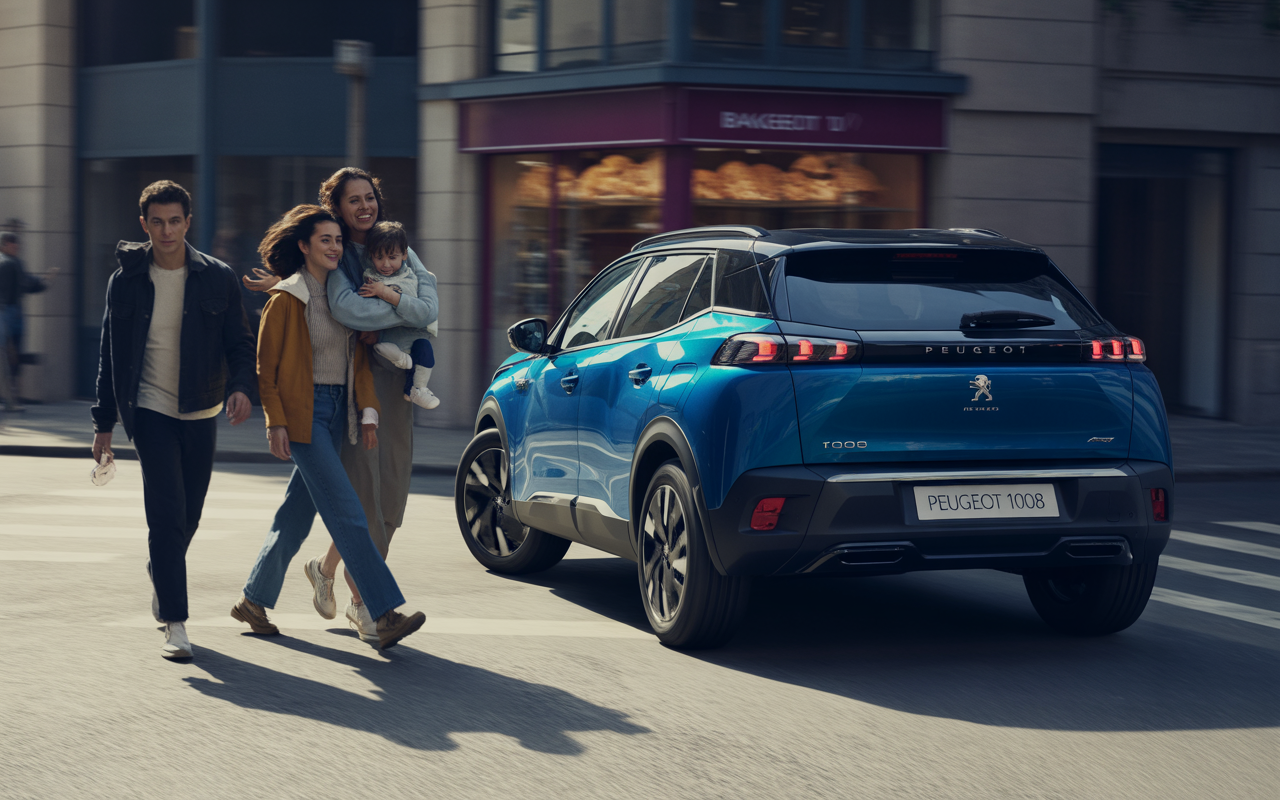 Une famille traverse la rue près d'une voiture Peugeot 1008 bleue, dans un cadre urbain élégant.