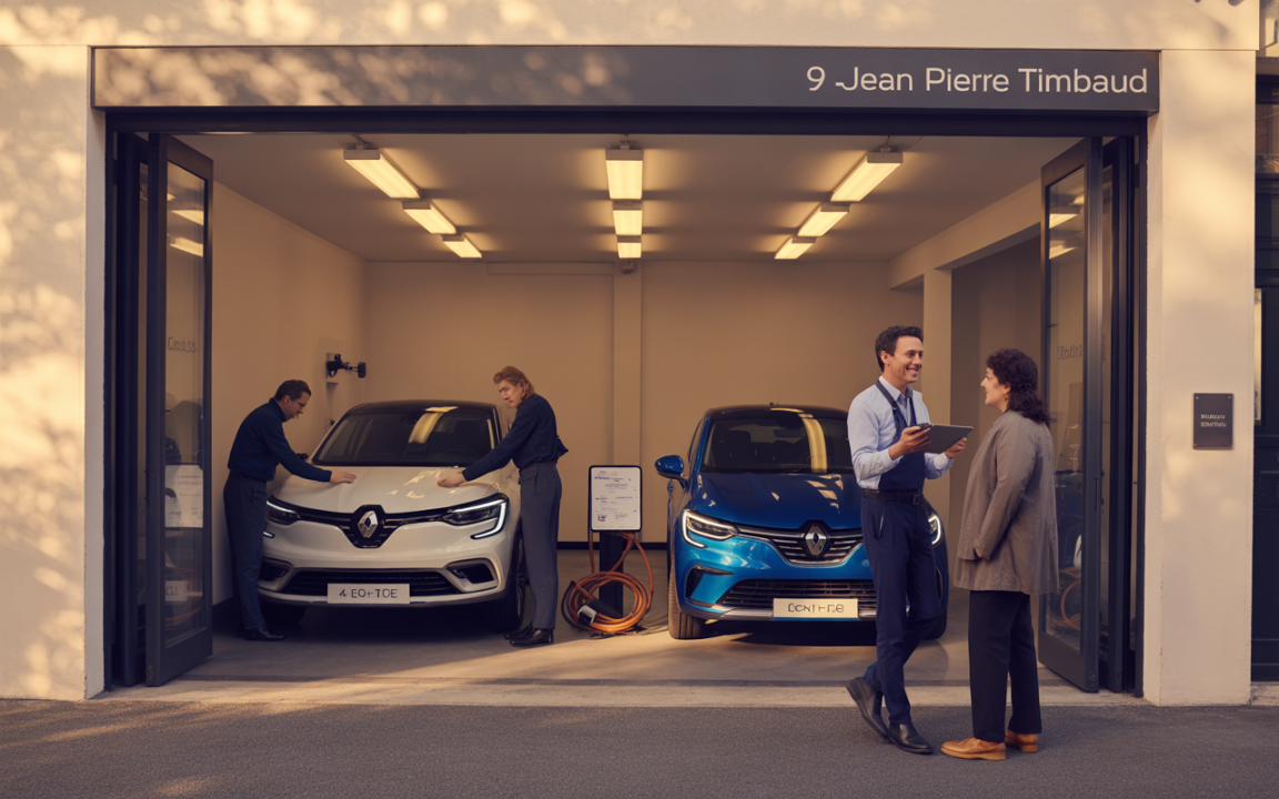 Deux voitures Renault dans un garage, avec des employés discutant et un client tenant une tablette. Éclairage intérieur doux.