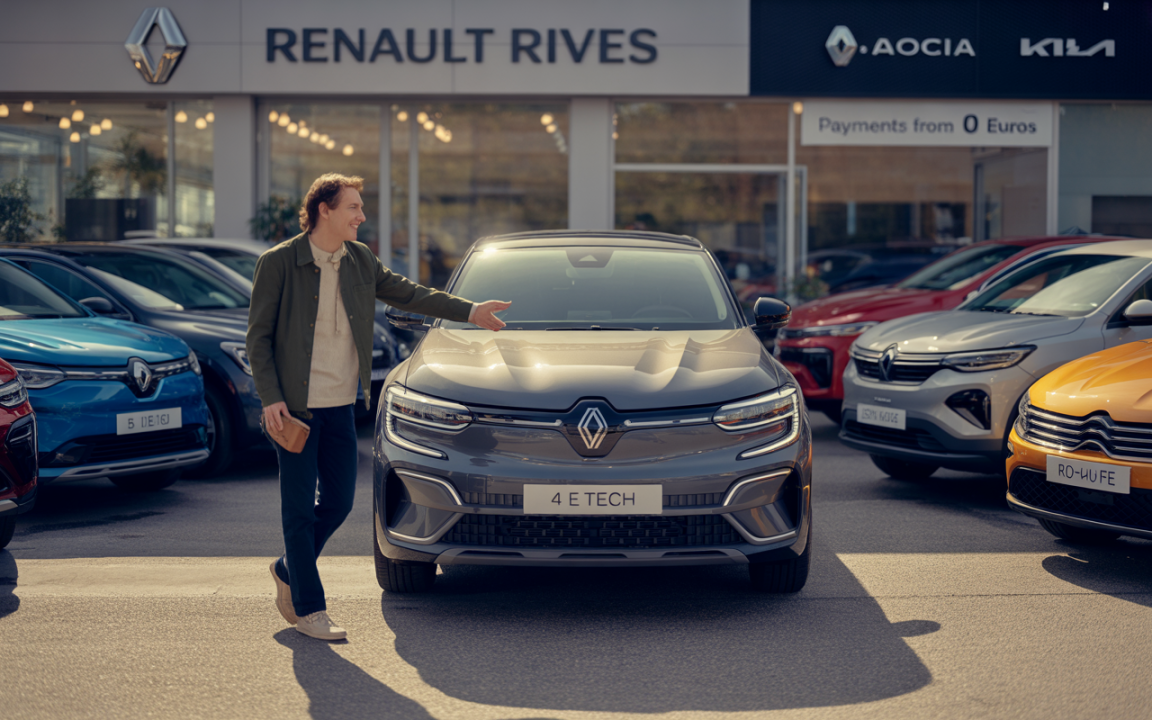 Homme présentant un véhicule Renault gris dans une concession, entouré de plusieurs autres voitures colorées, sous un éclairage naturel.