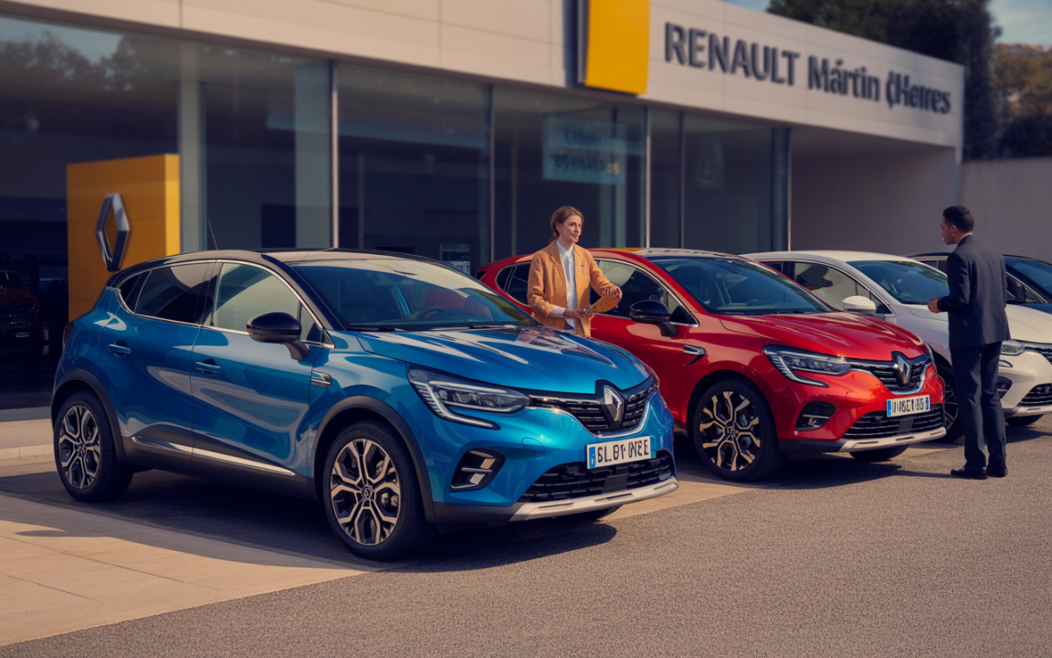 Deux voitures Renault, une bleue et une rouge, exposées devant un concessionnaire avec une vendeuse et un client discutant.