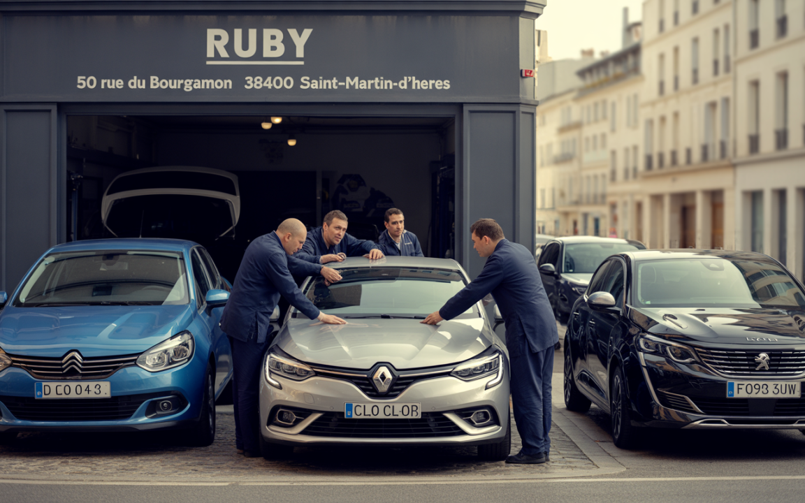 Quatre hommes en costume inspectent une voiture Renault argentée devant un garage nommé "RUBY" à Saint-Martin-d'Hères.