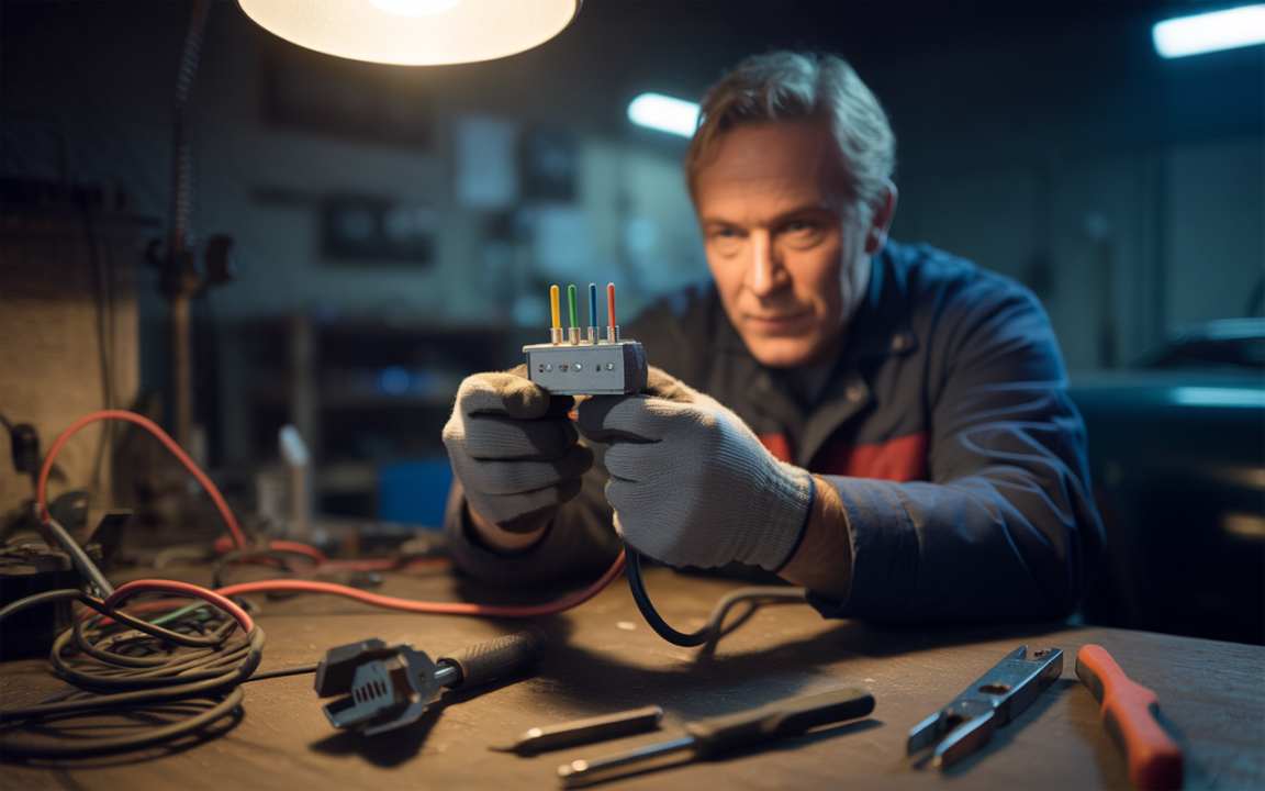 Un homme en gants tient un connecteur électrique avec des fils colorés, parmi des outils dans un atelier sombre.