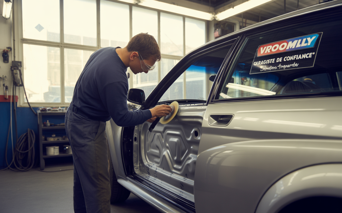 Un mécanicien nettoie l'intérieur d'une voiture grise dans un garage lumineux, avec un panneau "Vroomlly" visible sur la vitre.