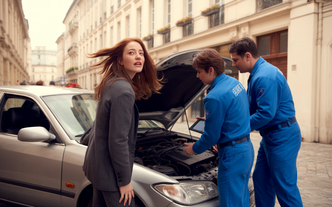 Femme en costume regardant des mécaniciens inspectant le moteur d'une voiture dans une rue parisienne.