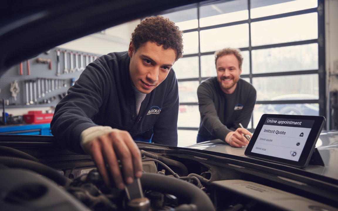 Deux mécaniciens inspectent un moteur de voiture dans un atelier, avec une tablette affichant des options de rendez-vous en ligne.