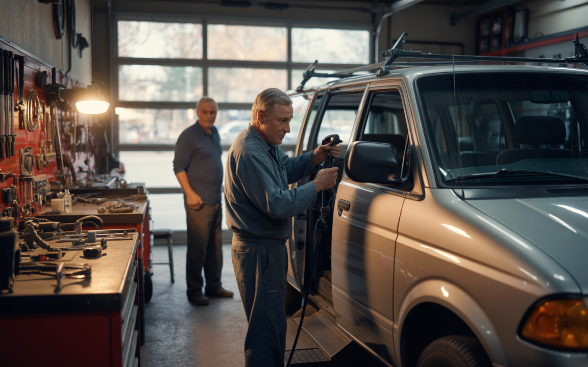 Un homme travaille sur une voiture dans un garage, tandis qu'un autre homme observe, entourés d'outils.