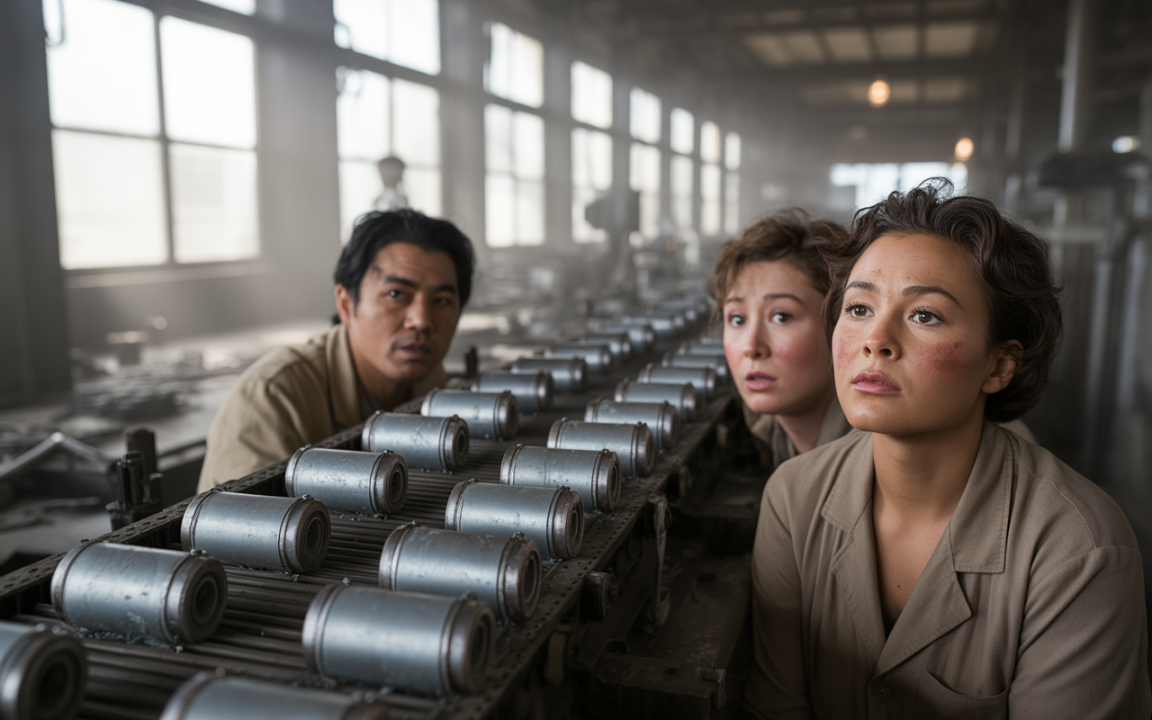 Trois travailleurs dans une usine, regardant avec anxiété une ligne de production, ambiance de tension et de travail acharné.