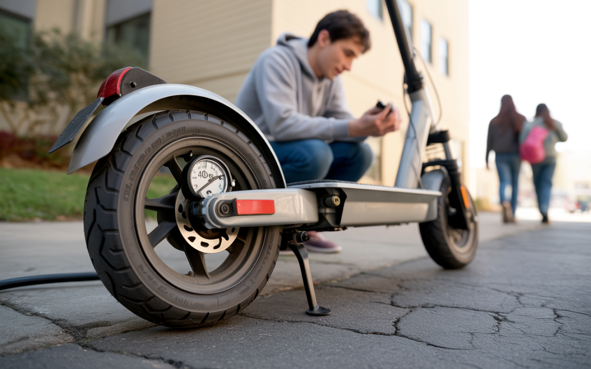 Un jeune homme consulte son téléphone près d'une trottinette électrique, avec une roue en avant et des personnes marchant à l'arrière-plan.