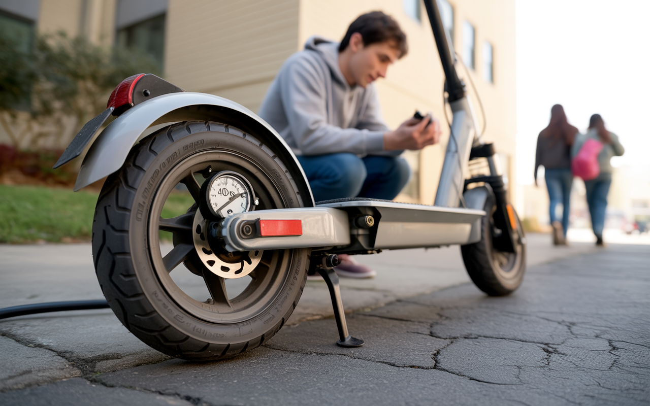Un jeune homme consulte son téléphone près d'une trottinette électrique, avec une roue en avant et des personnes marchant à l'arrière-plan.
