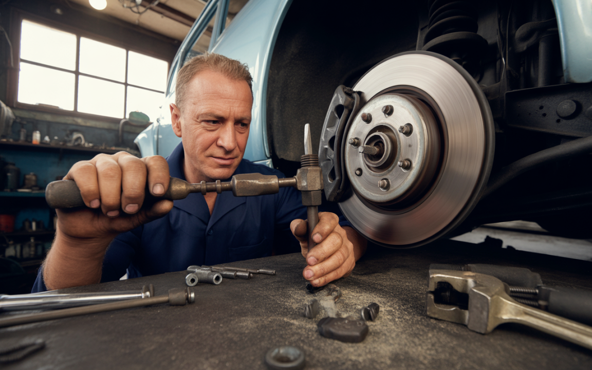 Mécanicien effectuant une réparation automobile, attentif à un système de frein avec des outils sur un établi sale.