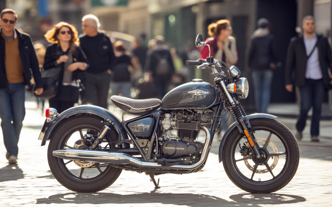Moto vintage garée sur un pavé, avec des passants flous en arrière-plan, illuminée par la lumière du soleil.