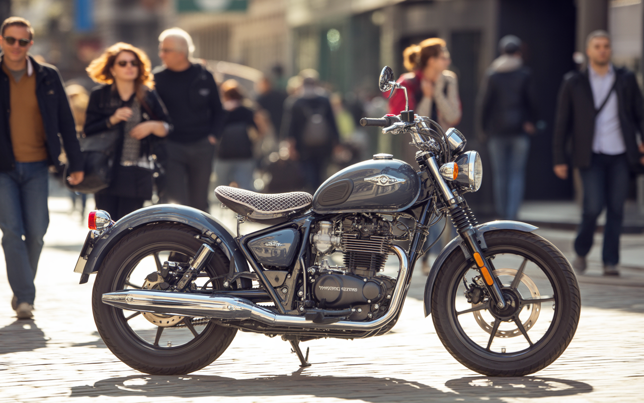 Moto vintage garée sur un pavé, avec des passants flous en arrière-plan, illuminée par la lumière du soleil.