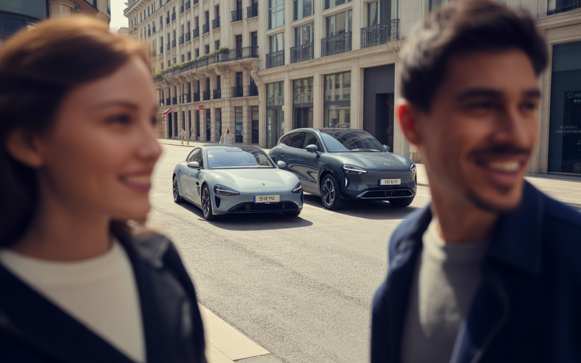 Deux voitures modernes garées sur une rue animée, avec un homme et une femme souriants au premier plan.