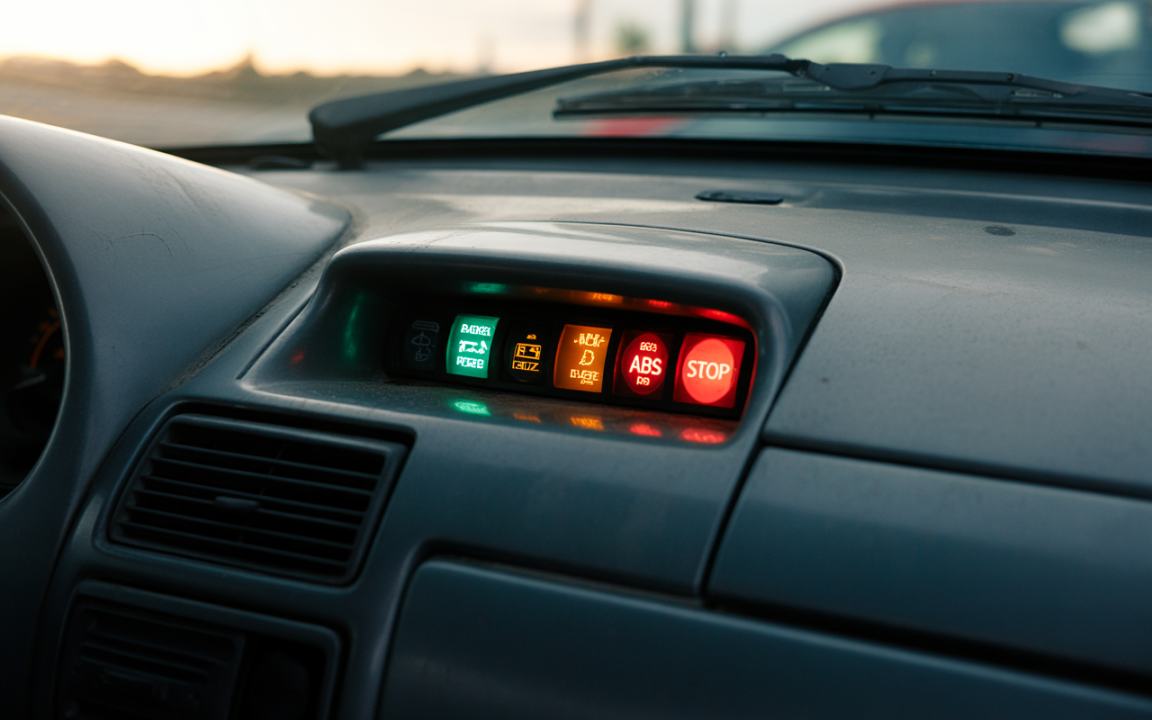 Tableau de bord de voiture affichant des témoins lumineux, notamment ABS et STOP, avec un écran numérique et surface poussiéreuse.