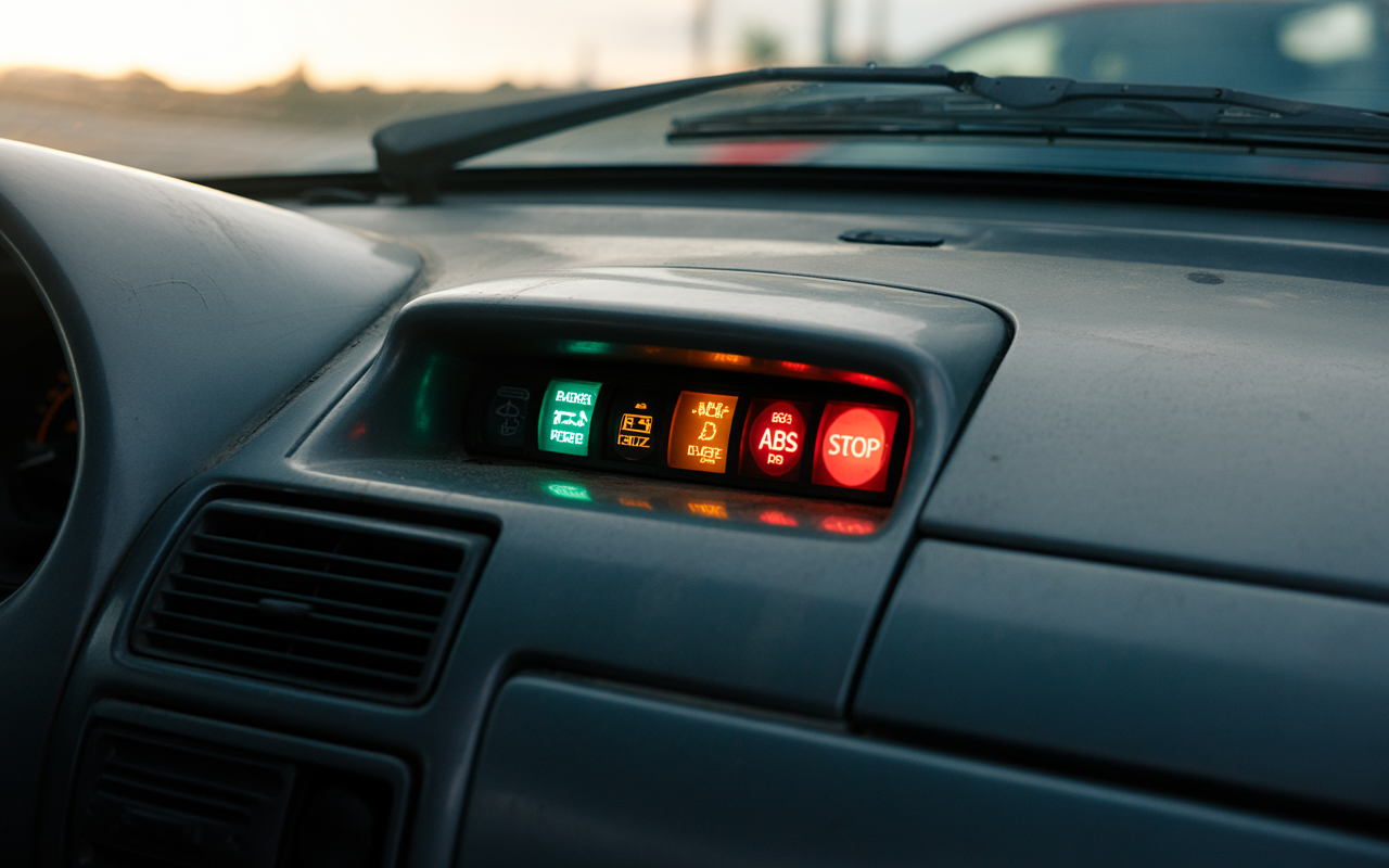 Tableau de bord de voiture affichant des témoins lumineux, notamment ABS et STOP, avec un écran numérique et surface poussiéreuse.