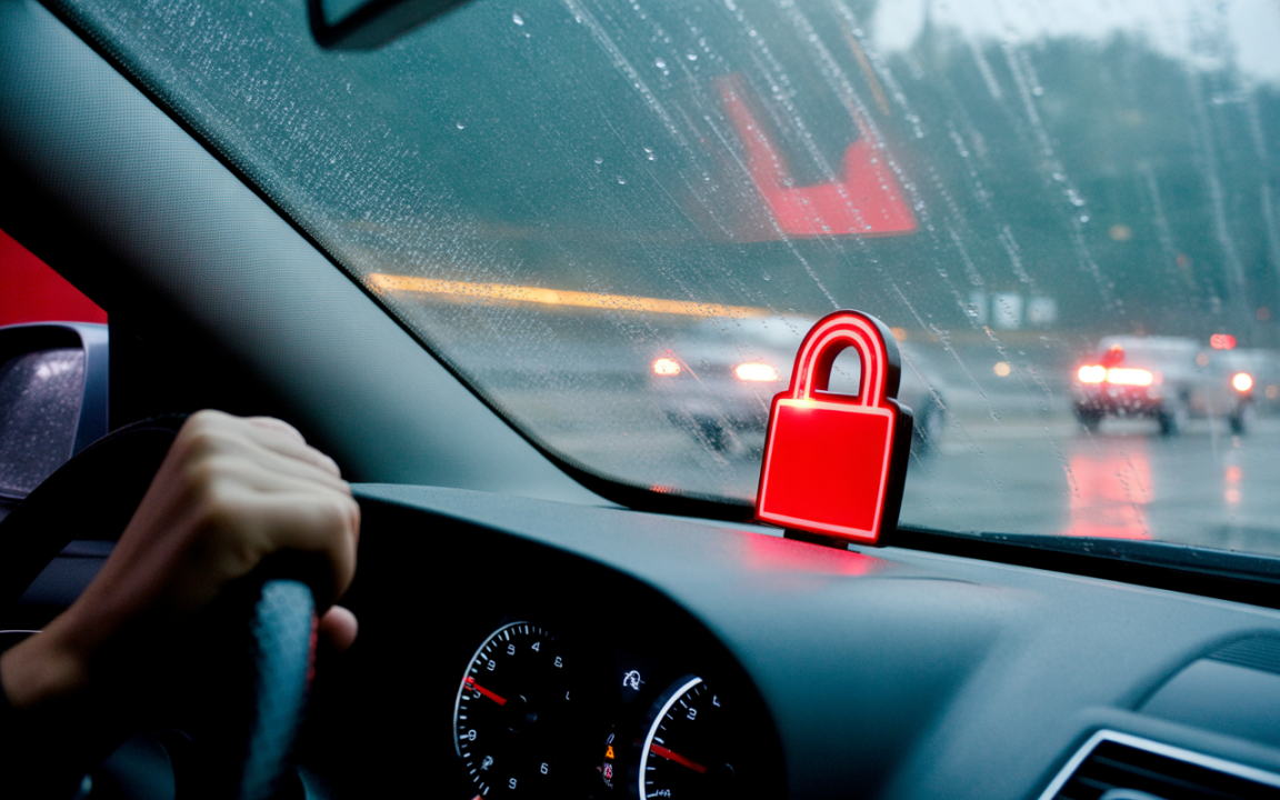 Intérieur d'une voiture avec un symbole de cadenas rouge sur le tableau de bord, vue à travers un pare-brise humide.