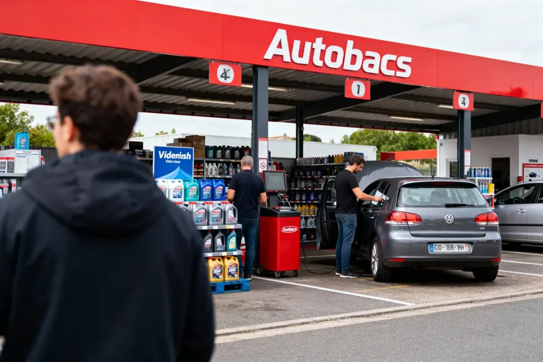 Station service Autobacs, hommes entretiennent Volkswagen grise, produits automobiles en rayon, interactions clientèle.