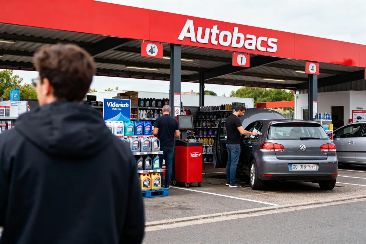 Station service Autobacs, hommes entretiennent Volkswagen grise, produits automobiles en rayon, interactions clientèle.