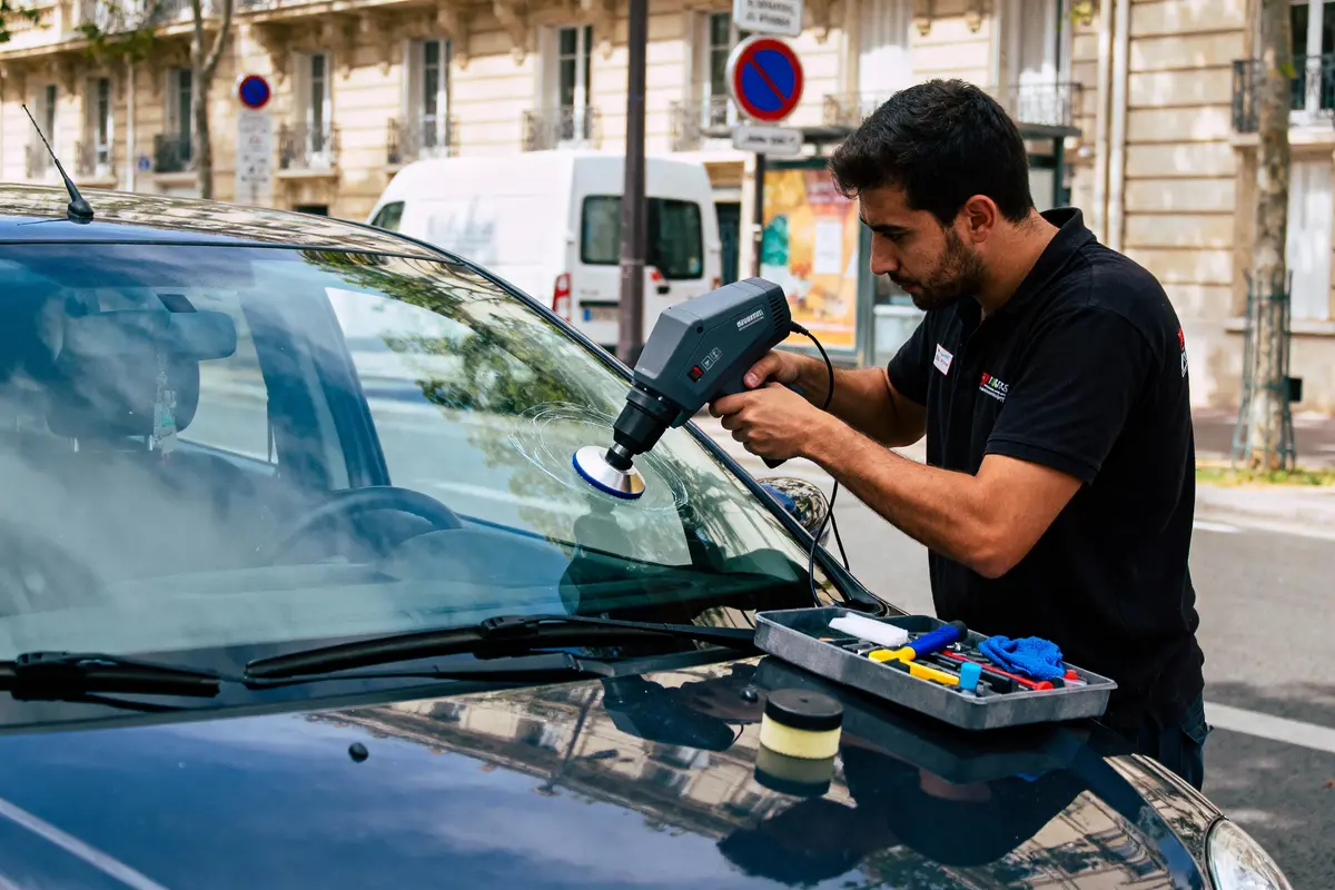 Homme réparant pare-brise de voiture avec outil électrique, boîte à outils posée sur le capot, rue en arrière-plan.