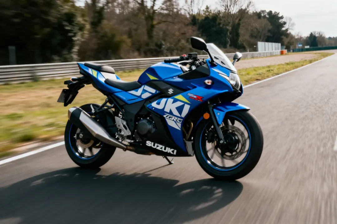 Moto Suzuki bleue roulant sur piste avec arrière-plan arboré flou.