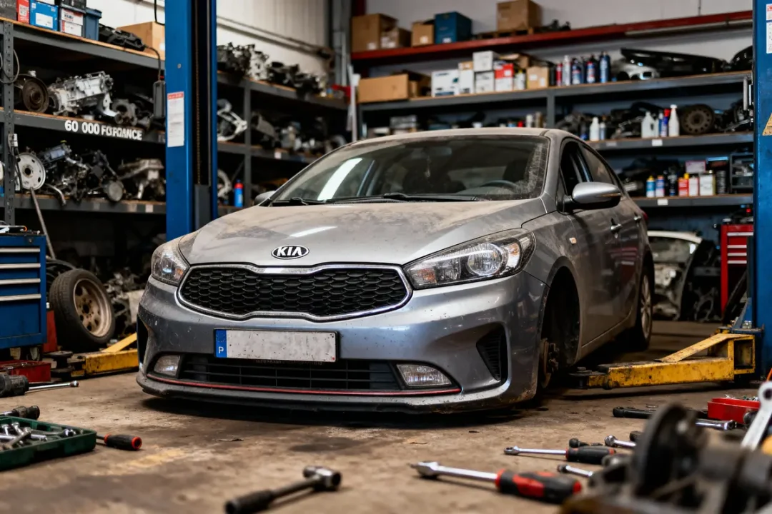 Voiture Kia grise dans un garage avec outils et pièces auto autour. Étagères pleines à l'arrière-plan.