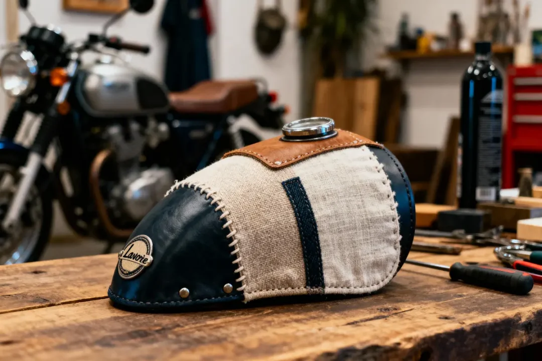 Sac à casque en cuir sur établi, moto floue en arrière-plan dans un atelier de style rétro.