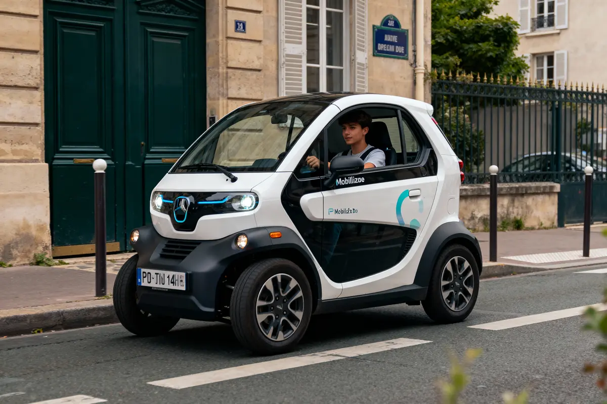 Voiture électrique Mobilize blanche circulant en ville avec un conducteur, devant des bâtiments historiques.