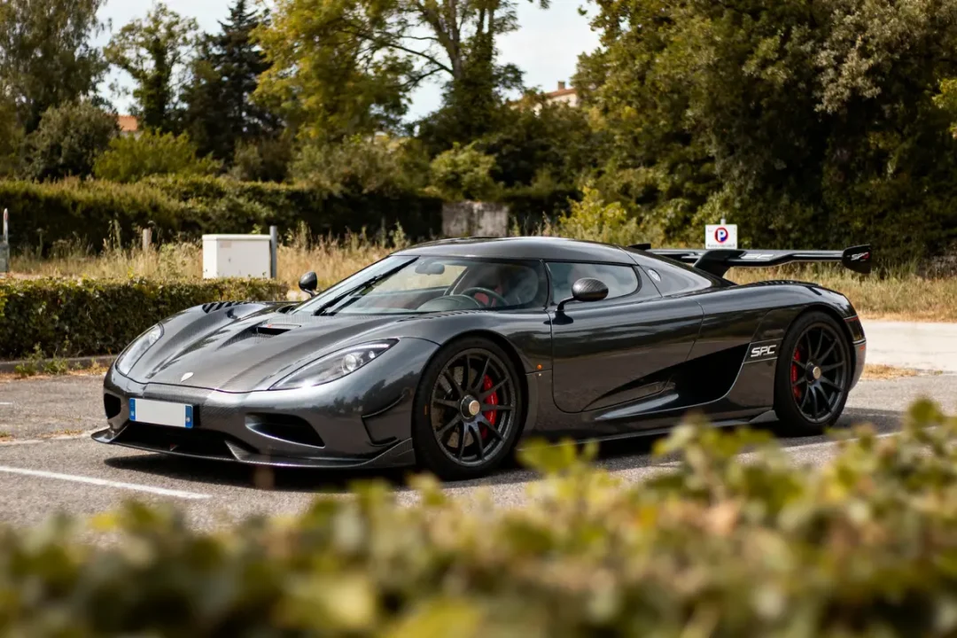Voiture de sport grise garée dehors, entourée de végétation, sous un ciel légèrement couvert.