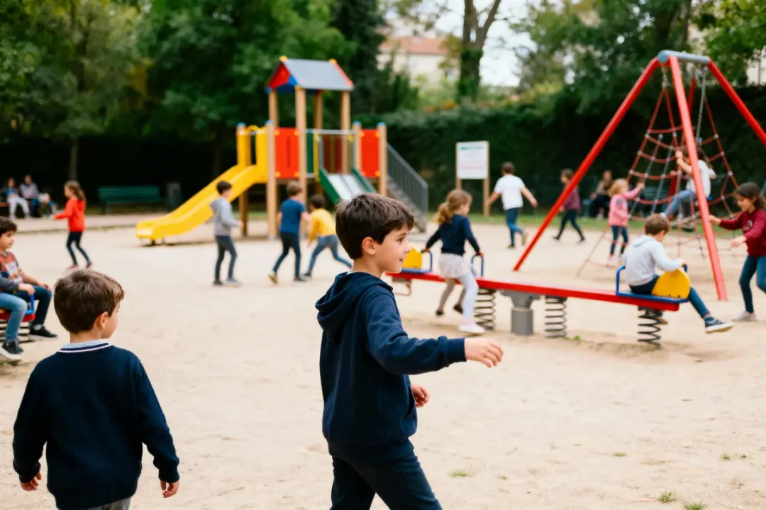 Enfants jouant dans une aire de jeux avec toboggans, balançoires et structures colorées. Ambiance animée et joyeuse.