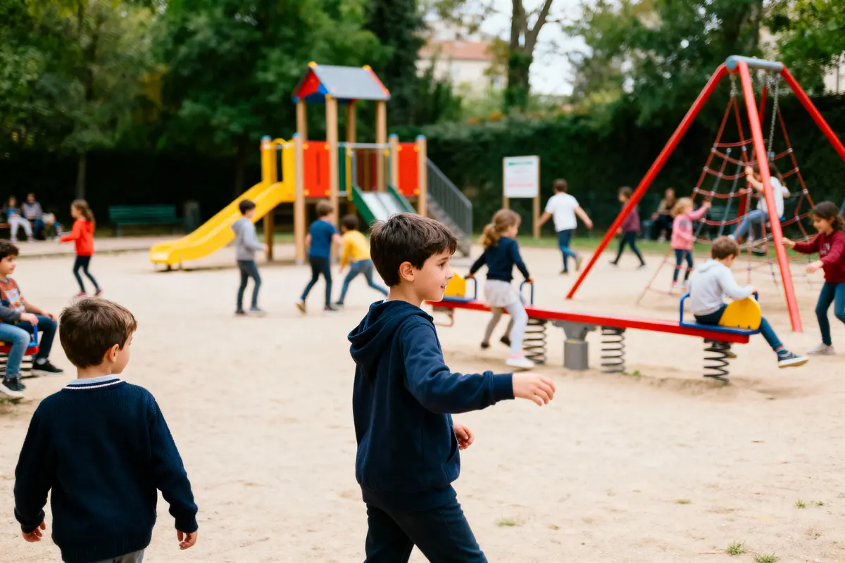 Enfants jouant dans une aire de jeux avec toboggans, balançoires et structures colorées. Ambiance animée et joyeuse.