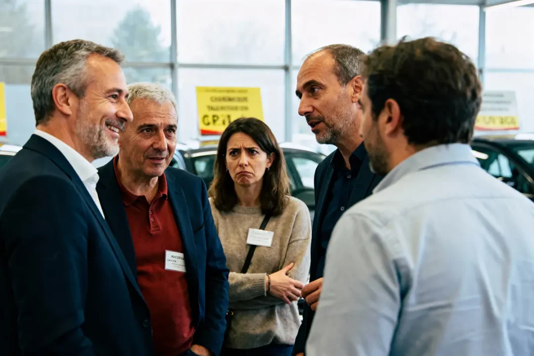 Cinq personnes discutent lors d'un événement intérieur avec voitures en arrière-plan.