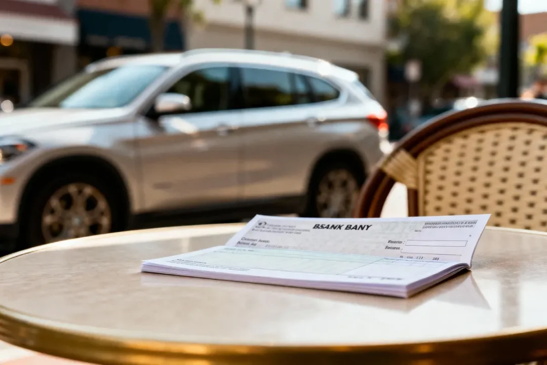 Carnet de chèques sur table de café en extérieur, voiture argentée floue en arrière-plan.