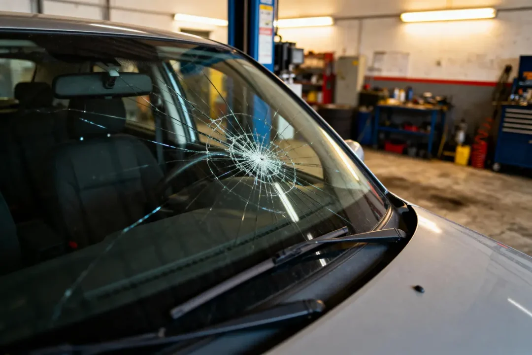 Pare-brise de voiture fissuré, visible dans un garage avec outils et équipement. Voiture grise stationnée à l'intérieur.
