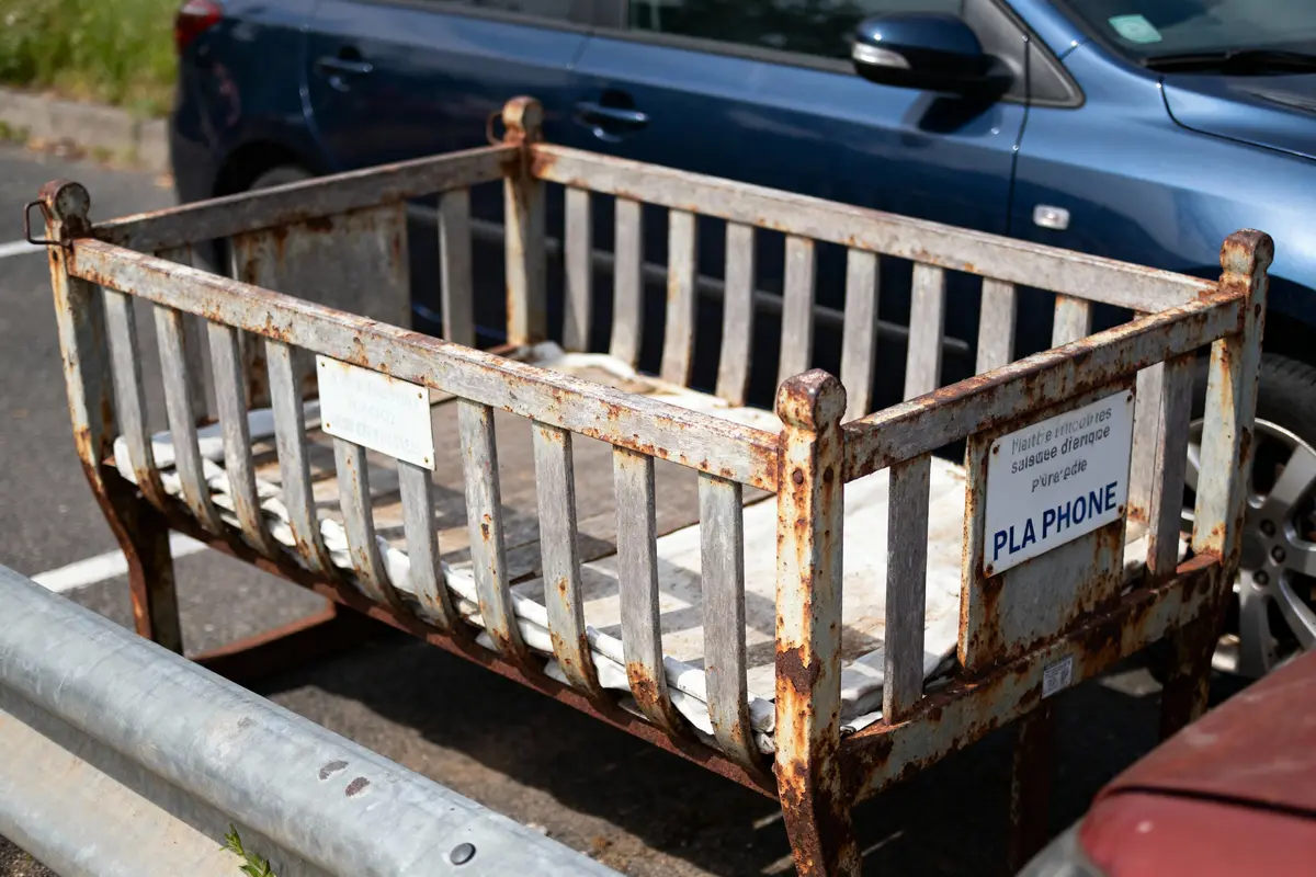 Ancienne barrière métallique rouillée à proximité d'une voiture bleue, avec étiquette "PLA PHONE".