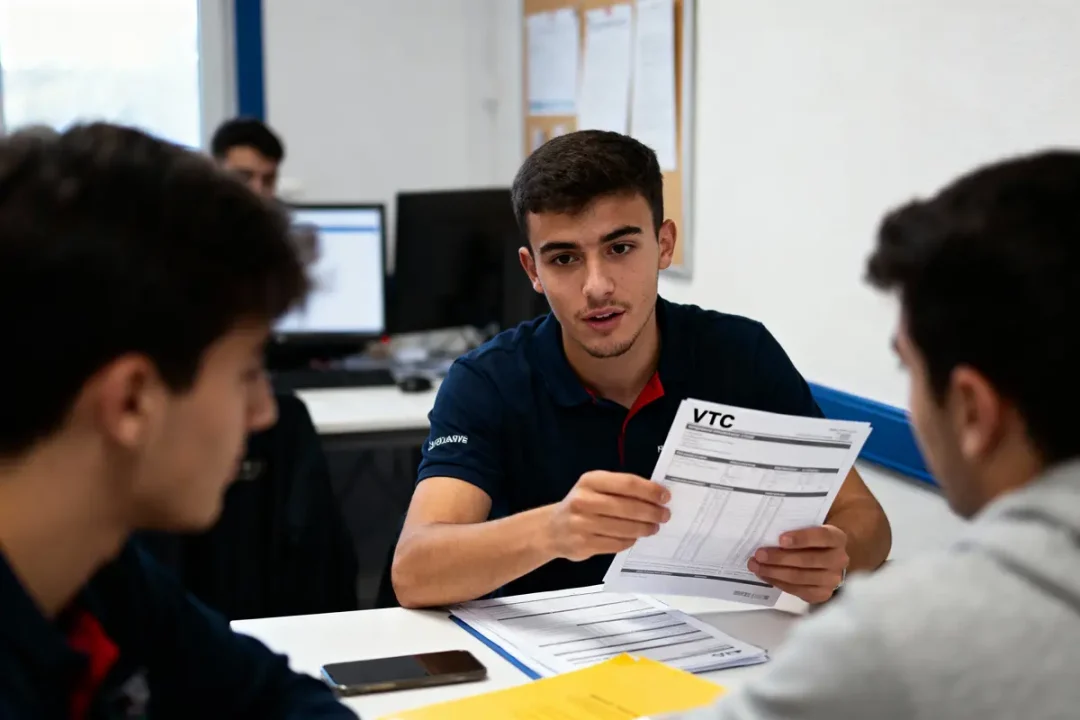 Un homme discute avec deux autres, tenant des documents marqués "VTC", dans un bureau.