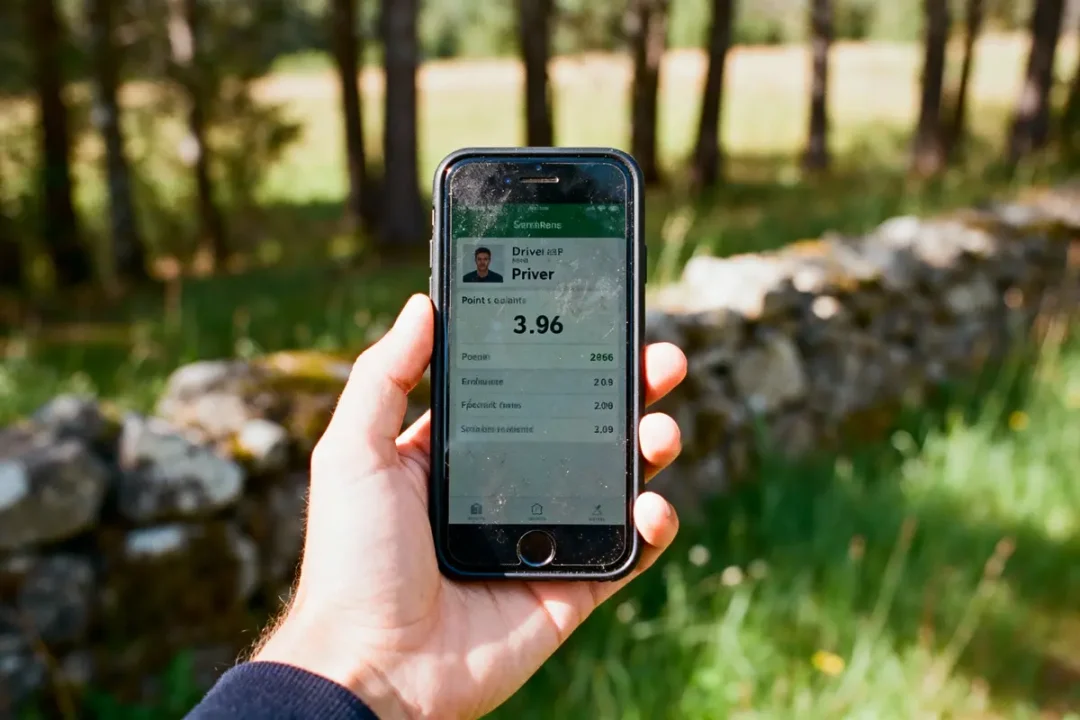 Main tenant un smartphone avec application affichant des scores de conduite, arrière-plan de forêt et mur en pierre.