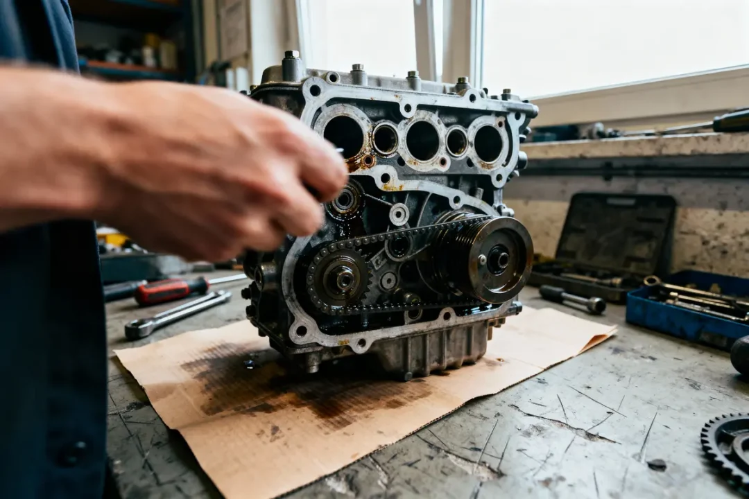 Mécanicien travaillant sur un moteur posé sur un établi, avec outils autour dans un atelier éclairé.