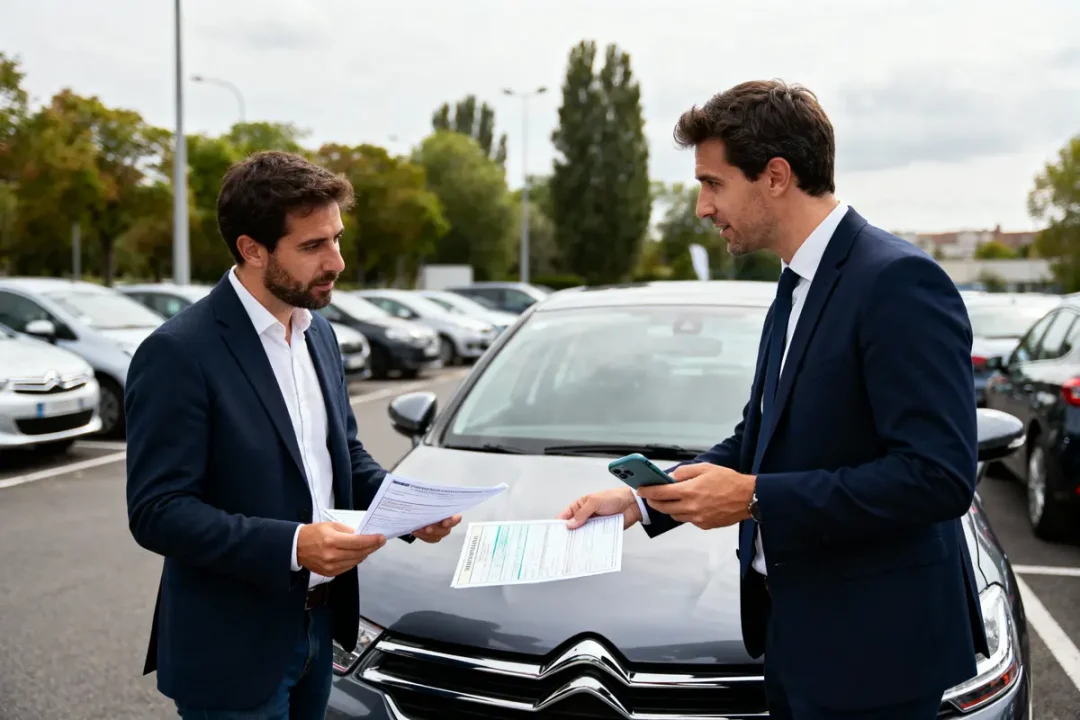 Deux hommes en costumes discutent devant une voiture dans un parking, échangeant des documents et un téléphone.