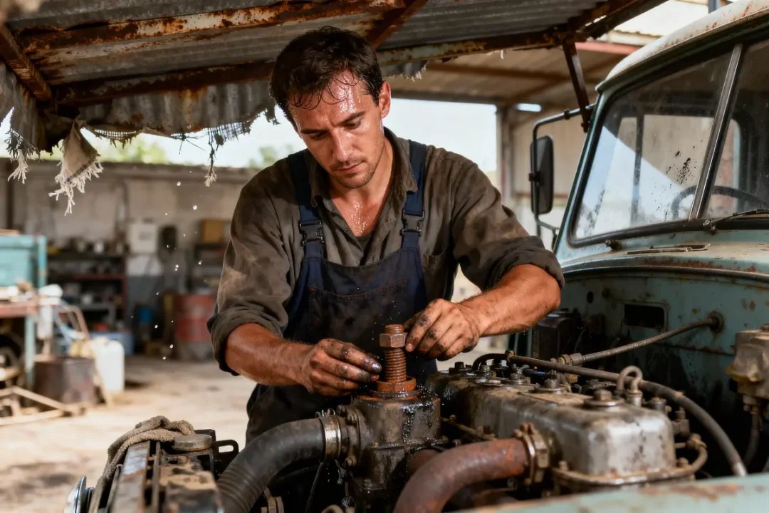 Homme en salopette réparant moteur d'un véhicule sous un toit en tôle, expression concentrée et déterminée.