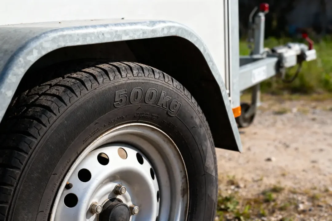 Roues de remorque en métal avec inscription "500 kg" sur pneu noir, fond extérieur flou.
