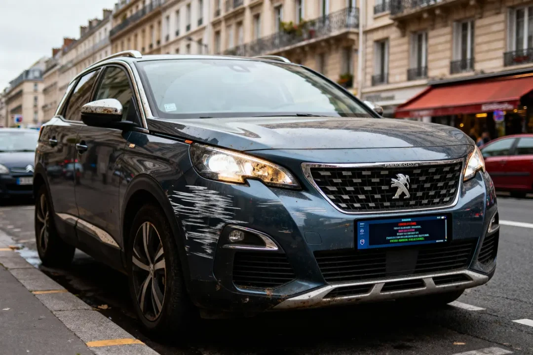 SUV Peugeot bleu avec éraflures sur le côté, stationné en ville devant bâtiments haussmanniens.