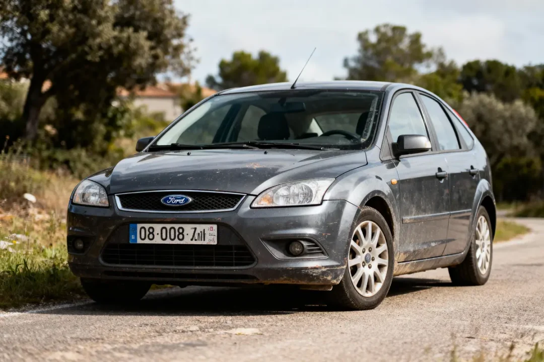 Voiture Ford grise stationnée sur une route de campagne, entourée de végétation et d'arbres en arrière-plan.