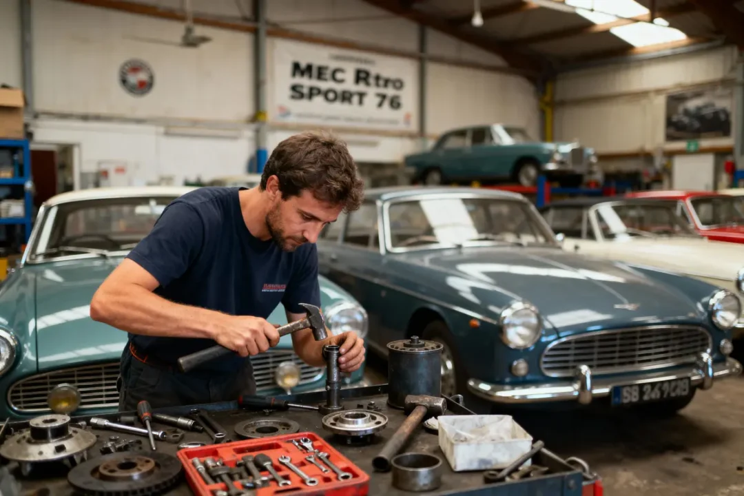 Deux hommes travaillent sur une voiture ancienne, outils et pièces éparpillés dans un garage.