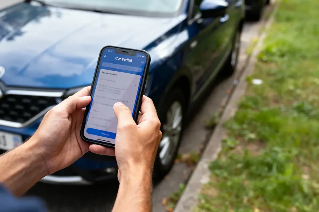 Personne utilisant application de location de voiture sur smartphone devant voiture bleue garée, bord de route.