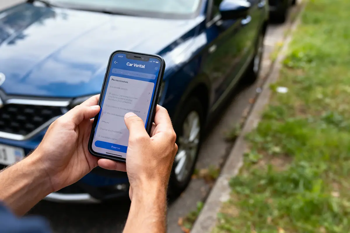 Personne utilisant application de location de voiture sur smartphone devant voiture bleue garée, bord de route.