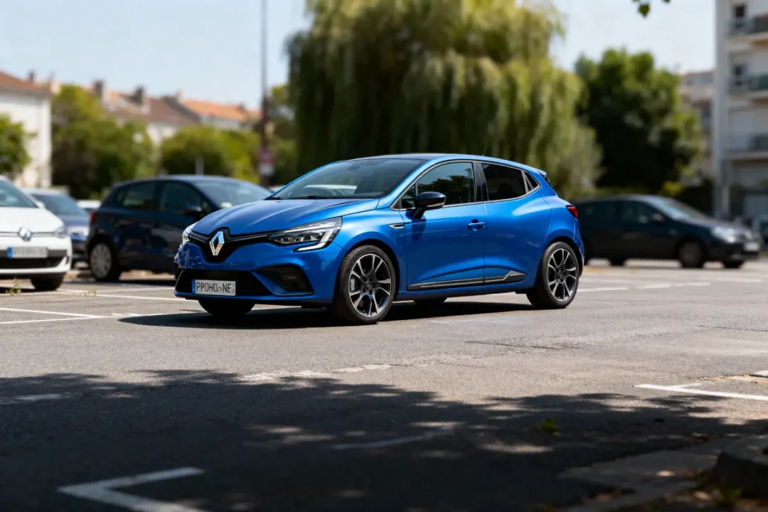 Voiture bleue Renault Clio garée dans un parking extérieur, entourée d'autres véhicules et d'arbres.